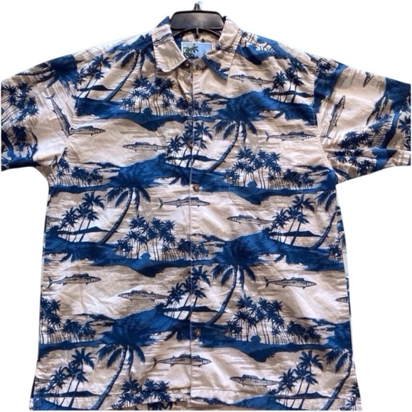 AFTCO Bluewater Vintage Hawaiian Shirt Medium USA Made Tropical Fishing Print - Picture 8 of 8